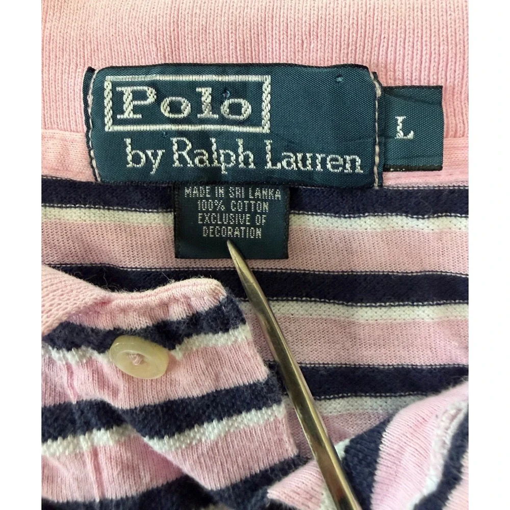 Polo Ralph Lauren Men L Pink Navy Blue Striped Short Sleeve Polo Shirt Cotton